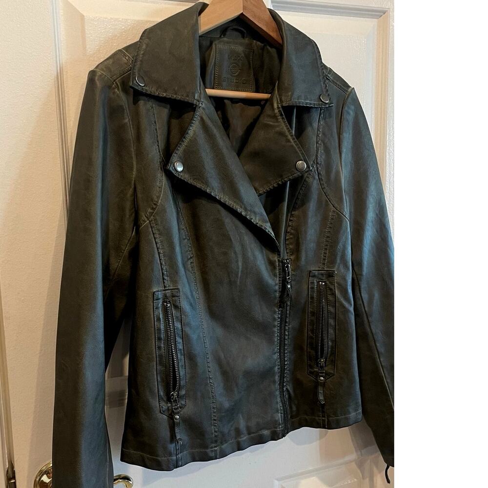 Max Studio Women's Washed Faux Leather Zip Moto Jacket Olive Green Size M - Picture 5 of 11